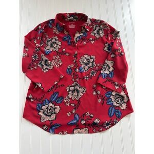 Van Heusen Womens L Red Floral Blouse V Neck 3/4 Sleeve Lightweight Top